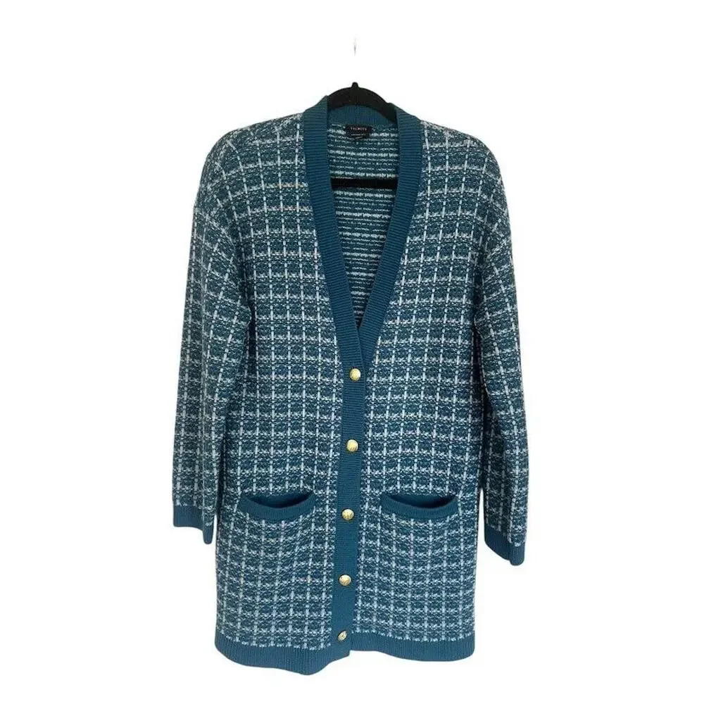 Talbots 100% Merino Wool Long Cardigan Blue Plaid Size M Gold Button Pockets